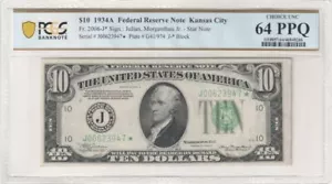 $10 1934-A FRN, Fr. 2006-J* 2nd FINEST: Kansas City Star PCGS-B Ch Unc 64PPQ - Picture 1 of 2