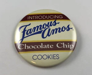 Vintage INTRODUCING FAMOUS AMOS CHOCOLATE CHIP COOKIES Button, Pinback - Picture 1 of 2