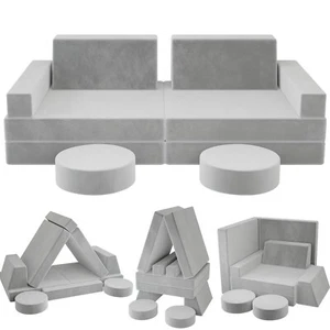 Kids Modular Sofa 10 Pieces Fold Out Couch Play Set Modular Foam Play Couch Grey - Picture 1 of 8