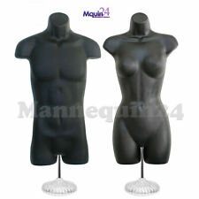 Black Male & Female Mannequin Dress Form Torsos w/2 Table Top Stands +2 Hangers