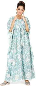Long Casual Floral Blue Cotton Vintage Women Loose Long Kaftan India Maxi Dress - Picture 1 of 4
