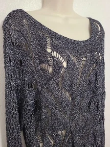 Black Metallic Viscose Sweater Open Knit Long Sleeve Tunic Large By Buffalo - Picture 1 of 9