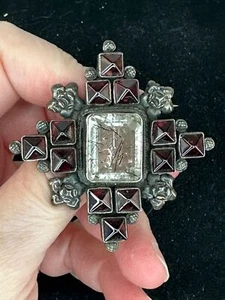 Flower Cross Red Rhinestone Vintage STERLING Silver Brooch Pendant M-6168 - Picture 1 of 5