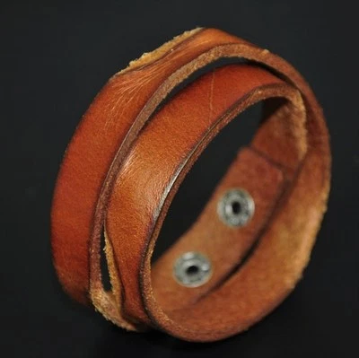 Men's Cool Punk Double-wrap Vintage Leather Wristband Bracelet Cuff ORANGE BROWN - Image 1 of 4