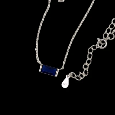 925 Sterling Silver 4x8mm Sapphire Pendant 16-17.5" Chain Gemstone - Image 1 of 3
