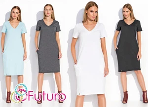 Womens Classic Midi Dress With Pockets Pencil Tunic V Neck Plus Sizes 8-18 FA494 - Picture 1 of 7