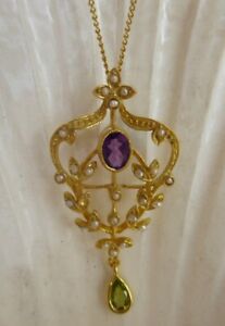 SILVER & GOLD SUFFRAGETTE AMETHYST,PERIDOT & PEARL PENDANT NECKLACE