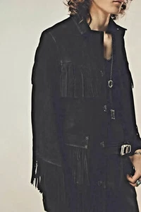 Men's Real Suede Leather Black Motorcycle Biker Fringe Jacket Cowboy Vintage-036 - Picture 1 of 9