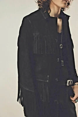 Men's Real Suede Leather Black Motorcycle Biker Fringe Jacket Cowboy Vintage-036 - Image 1 of 4