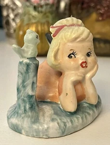 Vintage Bloomer Girl Laying In Grass W Tree On Bird Figurine - Picture 1 of 6