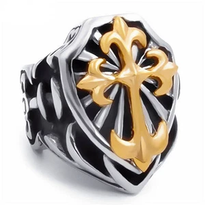 Enorme Anillo de Acero Inoxidable Oro Pesado Caballero Flor de Lis Cruz Talla 7-15 - Imagen 1 de 5