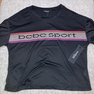 Bebe Sport Short Rainbow Stripe Tee - Black Crop Top - Logo New - Picture 1 of 4
