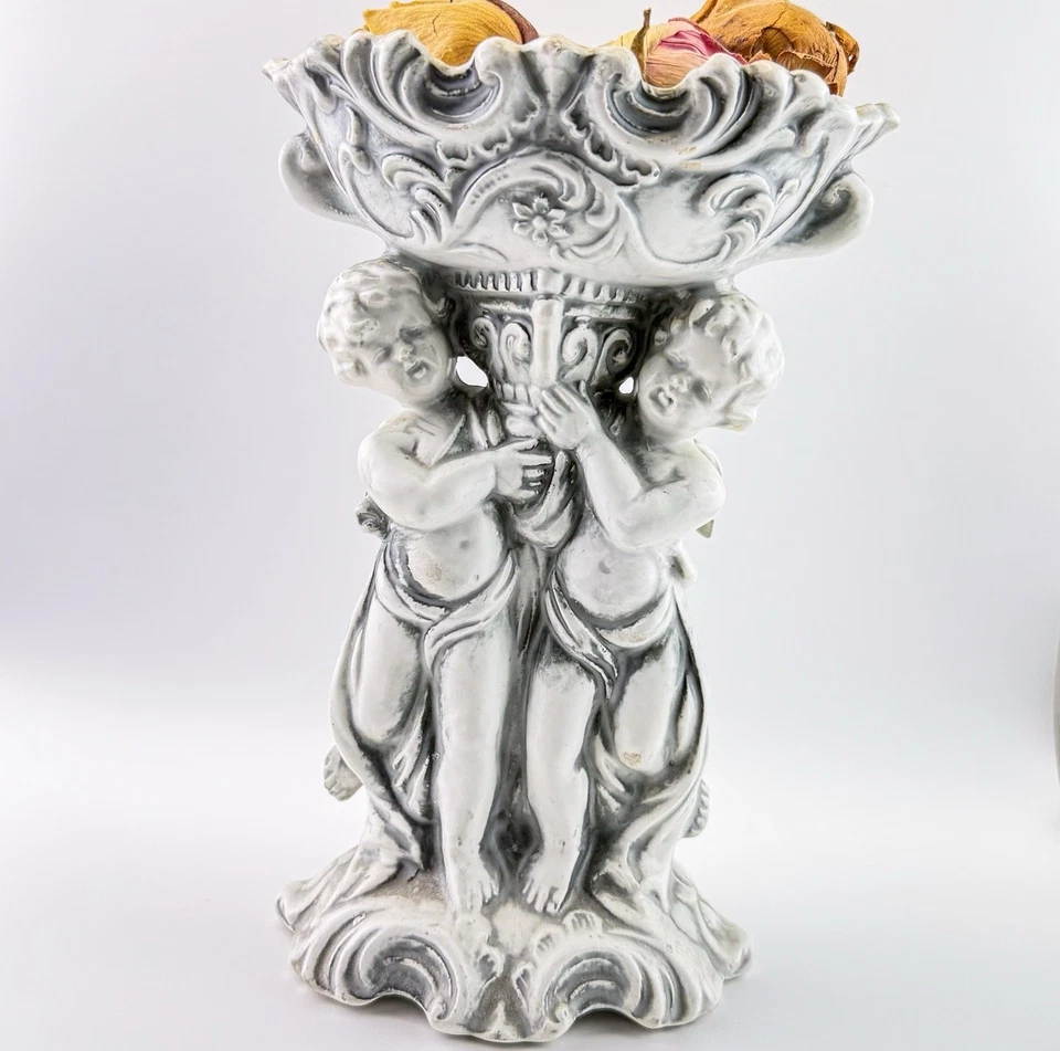 Jarrón antiguo con pedestal de querubín con cuenco festoneado decoración de tocador barroco Foto 1 de 4