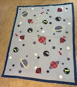 Pottery Barn Kids Space Rocket Planets Twin Quilt Blue Denim Approx 86” X 68” - Picture 1 of 7