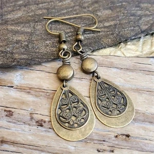 Boho Teardrop Dangle Earrings Bronze Metal Look Pendant Drop Retro Vintage Style - Picture 1 of 3