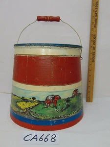 ANTIQUE VINTAGE FIRKIN FURKIN WOOD FOLK ART PAINTED TOLE FARM SCENE PRIMITIVE - Picture 1 of 12