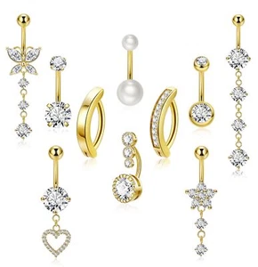 10pcs 14k Gold Plated 14G Belly Button Rings for Women Surgical Steel Dangle ... - Picture 1 of 6