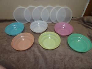 NEW TUPPERWARE VINTAGE 1970's PASTEL CEREAL BOWLS 155 W/LIDS 227 SET OF 6 RARE!