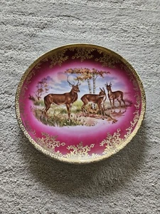 Antico piatto dipinto a mano Royal Vienna sfondo rosa cervo bordo dorato logo ape - Foto 1 di 9