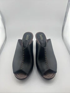 Sanita Black Leather Slide Heels Peep Toe Shoes Size US 8-8.5 EU 39 - Picture 1 of 8
