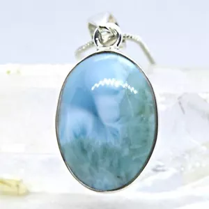 Larimar Sterling Silver Oval Pendant Rare Blue Pectolite Crystal Dolphin Stone - Picture 1 of 10