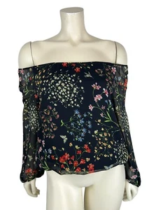 Alice & Olivia Floral Print Off the Shoulder Top Size XS Black Sheer Sleeve - Picture 1 of 12