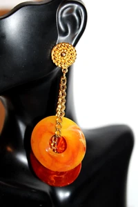 Vintage Avon Faux Amber Marble Disc Earrings Hanging Etruscan - Picture 1 of 4