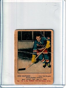  1951-52 Parkhurst #92 Steve Kraftcheck RC - New York Rangers - BV : $60
