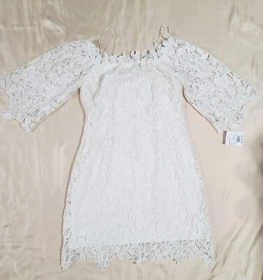 David's Bridal Wedding Dress Women's L Off-The-Shoulder Short Lace 3/4 Sleeve - Image 1 of 4