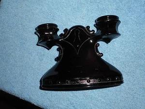 L E Smith Mt Pleasant Black Amethyst Glass Double Candle Stick Holder Candelabra - Picture 1 of 12