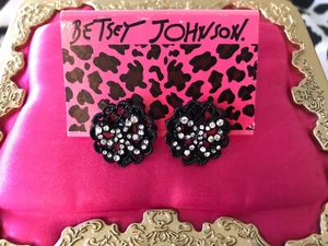Betsey Johnson Jet Setters Black Enameled Clear Crystal White Bow Lace Earrings - Picture 1 of 2