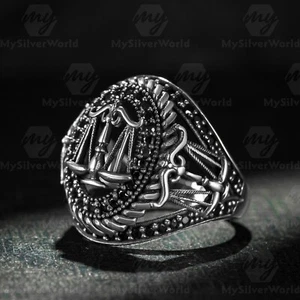 925 Sterling Silver Black Micro Stone Scales of Justice Men's Ring - Picture 1 of 3