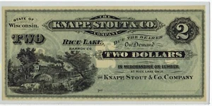 c1860s Rice Lake Wisconsin KNAPP, STOUT & CO $2 Obsolete Currency--Lumber Co - Picture 1 of 2
