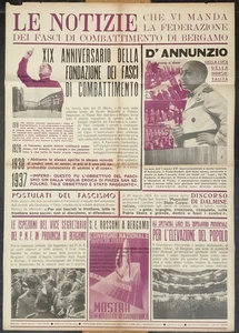 BERGAMO GIORNALE MURALE MANIFESTO PNF 100X70 MORTE GABRIELE D’ANNUNZIO 1938 - Picture 1 of 10