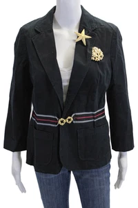 Elevenses Anthropologie Womens Brooch Detail Long Sleeve Blazer Navy Size 10 - Picture 1 of 13