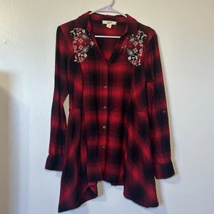 Vintage America Blues Damen Button Down Hemd Gr. M Blumen bestickt Flanell - Bild 1 von 10