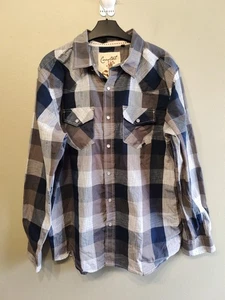 Coastal Shirt Men Large Plaid Pearl Snap Button Pockets Western Cowboy Navy Grey - Picture 1 of 13