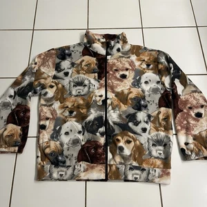 Black Mountain Dog Print Fleece Jacket L USA Made Puppies Full Zip Cozy Warm - Picture 1 of 4