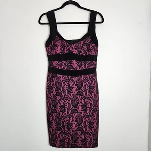 Abito Cache Tg 8 Bodycon Elasticizzato Senza Maniche Lunghezza Ginocchio Pizzo Maglia Rosa Nero - Foto 1 di 9