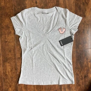 True Religion Damen T-Shirt V-Ausschnitt Grau Kurzarm Damen L - Bild 1 von 6
