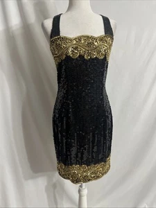 Vtg Niteline Della Roufogali Dress Black & Gold Halter Beaded Mini Dress Sz 10 - Picture 1 of 15