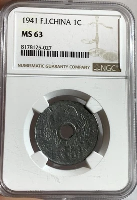 French Indo China 1 Cent 1941 KM# 24.3; Zinc NGC MS63 - Image 1 of 3