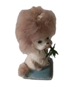 Vintage Ceramic White Furry Poodle Dog on Blue Pillow Japan Kitsch - Picture 1 of 5