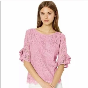 Neu mit Etikett Nanette Lepore - rosa Bluse Blumen Spitze Überzug Flatterärmel Größe Small - Bild 1 von 14