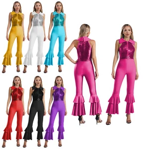 Damen Strampler Disco Overall Glockenboden Body Reißverschluss Kostüme Party Pailletten - Bild 1 von 69