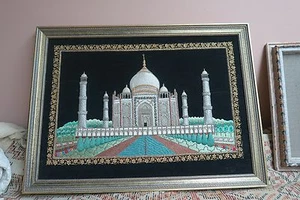 VINTAGE VERY FINE HANDMADE ZARDOZI EMBROIDERY TAJ MAHAL TAPESTRY INDIA MOSQUE - Picture 1 of 10