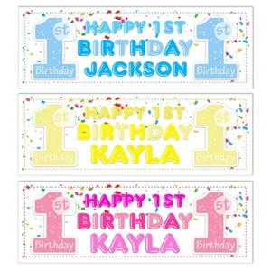PERSONALISED 1ST BIRTHDAY BANNER PARTY NAME PINK BLUE YELLOW ANY AGE BOYS GIRL - Picture 1 of 7