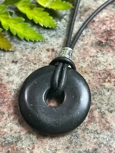 Shungite Donut Pendant Necklace Unisex Pi Stone 30mm Leather Cord Protection - Picture 1 of 12