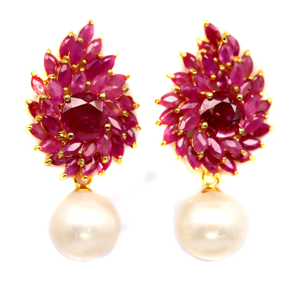 10 MM. White Pearl & Red Ruby Earrings 925 Sterling Silver 18K Gold Plated - Image 1 of 4