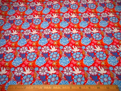 Tela de algodón por yarda OFERTA azul rosa blanco naranja floral blanco pájaros sobre rojo #C Foto 1 de 2